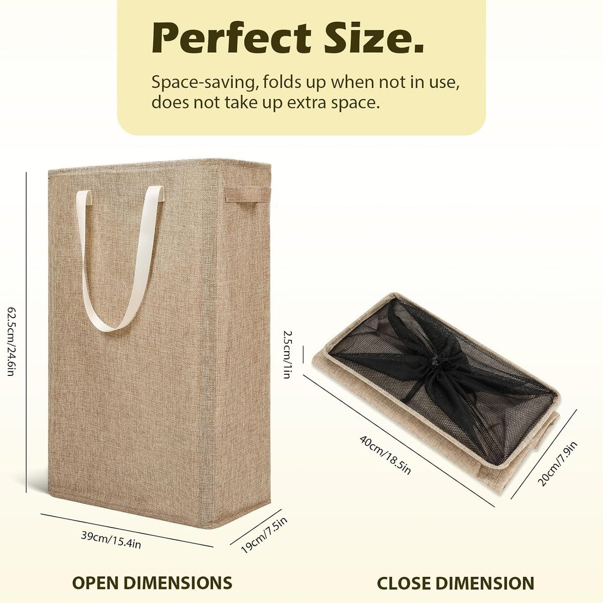 Slim Laundry Hamper Handles Collapsible Laundry Basket Thin Dirty Clothes Basket Narrow Laundry Bag Foldable Dirty Hamper 45L (Beige)
