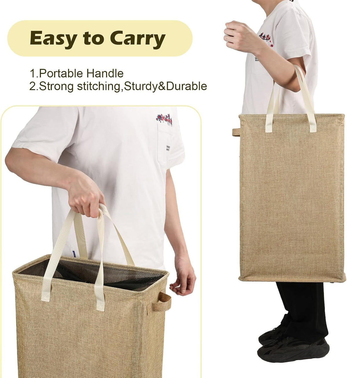 Slim Laundry Hamper Handles Collapsible Laundry Basket Thin Dirty Clothes Basket Narrow Laundry Bag Foldable Dirty Hamper 45L (Beige)