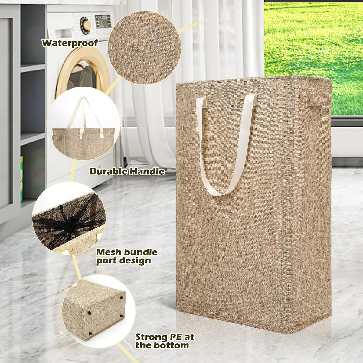 Slim Laundry Hamper Handles Collapsible Laundry Basket Thin Dirty Clothes Basket Narrow Laundry Bag Foldable Dirty Hamper 45L (Beige)