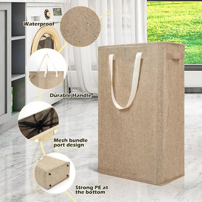 Slim Laundry Hamper Handles Collapsible Laundry Basket Thin Dirty Clothes Basket Narrow Laundry Bag Foldable Dirty Hamper 45L (Beige)