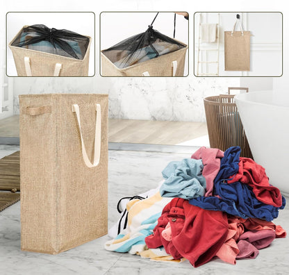 Slim Laundry Hamper Handles Collapsible Laundry Basket Thin Dirty Clothes Basket Narrow Laundry Bag Foldable Dirty Hamper 45L (Beige)