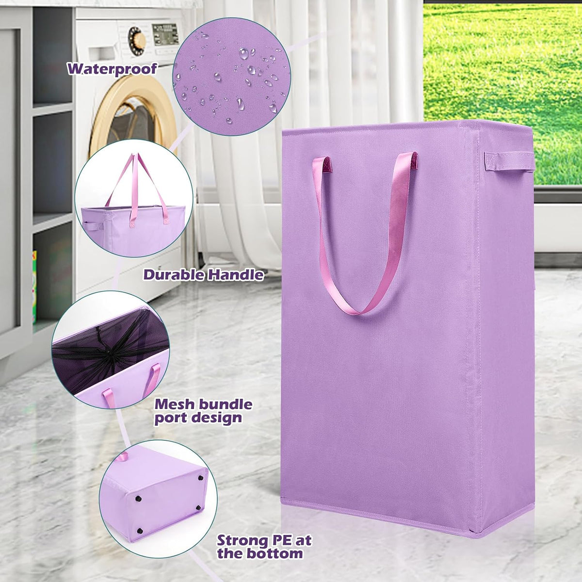 Slim Laundry Hamper Handles Collapsible Laundry Basket Thin Dirty Clothes Basket Narrow Laundry Bag Foldable Dirty Hamper 45L (Beige)