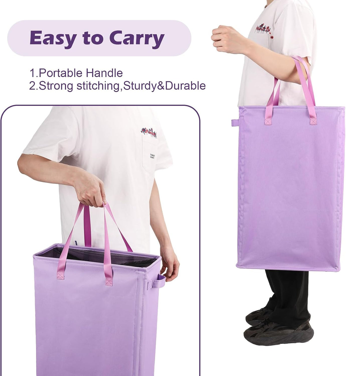 Slim Laundry Hamper Handles Collapsible Laundry Basket Thin Dirty Clothes Basket Narrow Laundry Bag Foldable Dirty Hamper 45L (Beige)
