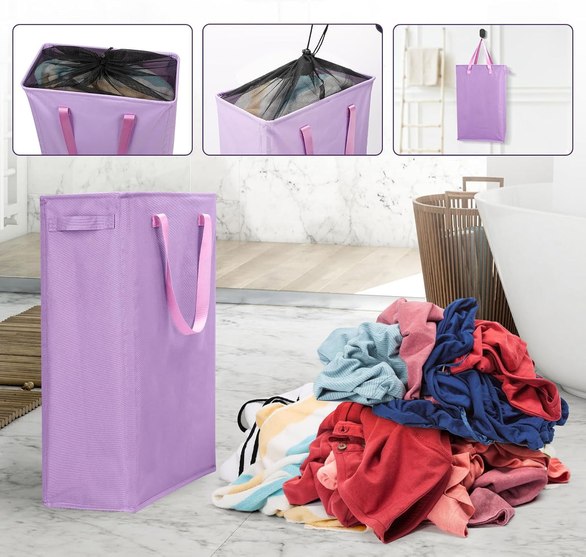 Slim Laundry Hamper Handles Collapsible Laundry Basket Thin Dirty Clothes Basket Narrow Laundry Bag Foldable Dirty Hamper 45L (Beige)