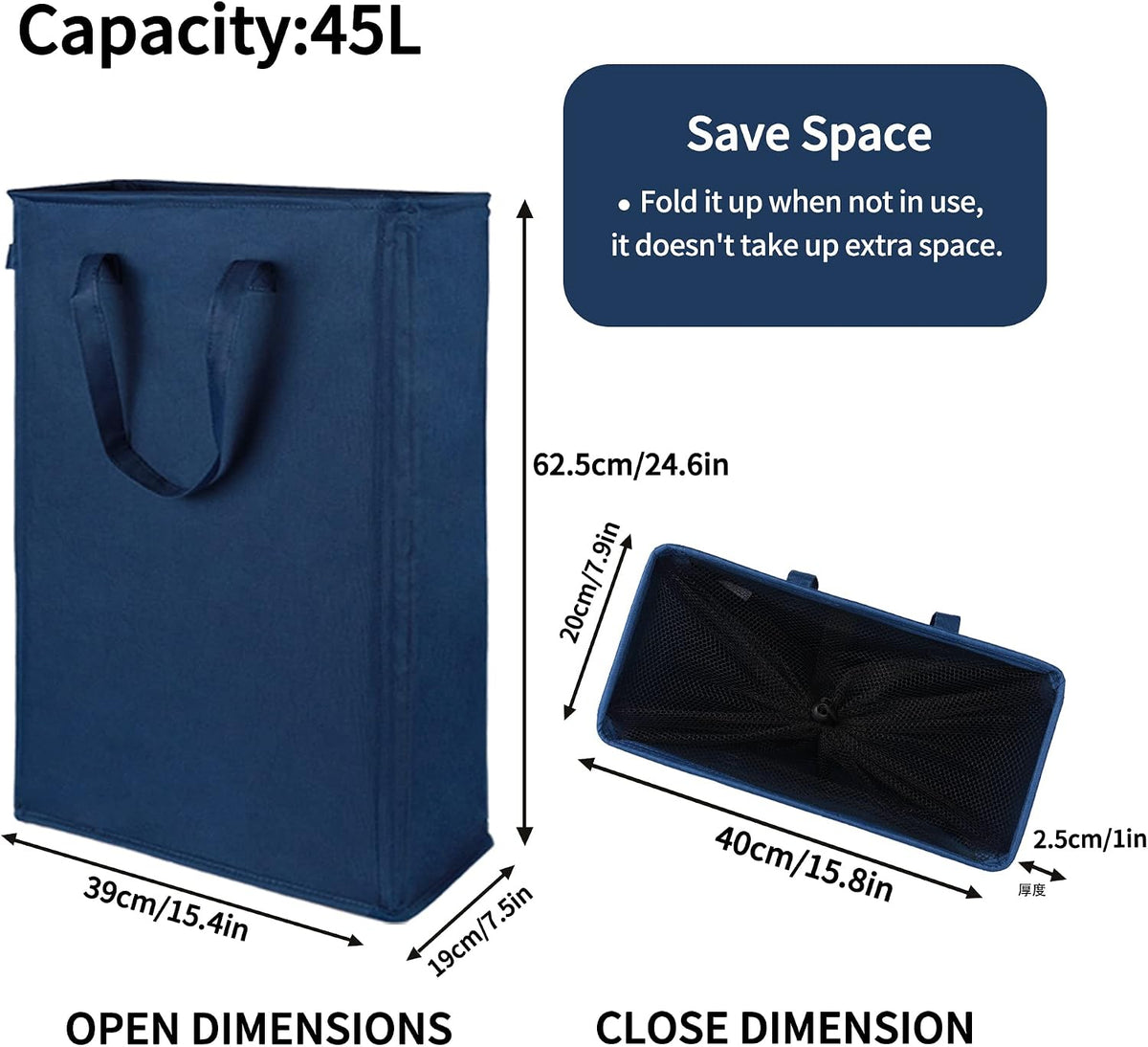 Slim Laundry Hamper Handles Collapsible Laundry Basket Thin Dirty Clothes Basket Narrow Laundry Bag Foldable Dirty Hamper 45L (Beige)
