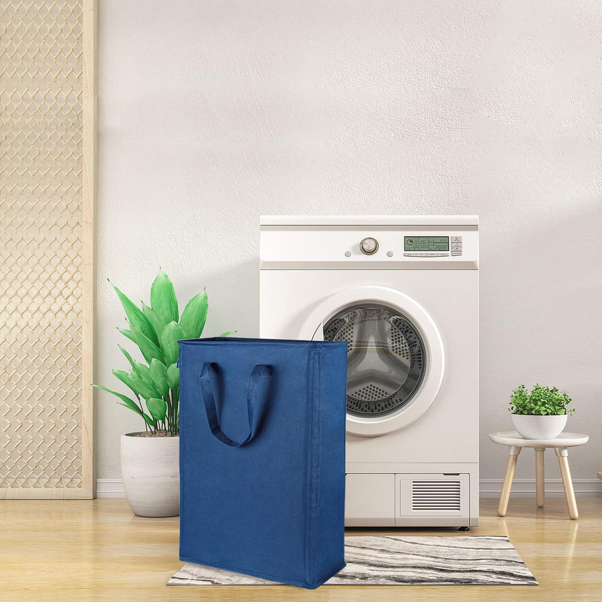 Slim Laundry Hamper Handles Collapsible Laundry Basket Thin Dirty Clothes Basket Narrow Laundry Bag Foldable Dirty Hamper 45L (Beige)