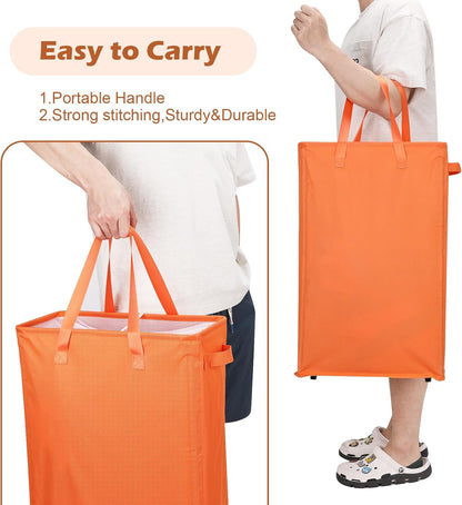 Slim Laundry Hamper Handles Collapsible Laundry Basket Thin Dirty Clothes Basket Narrow Laundry Bag Foldable Dirty Hamper 45L (Beige)