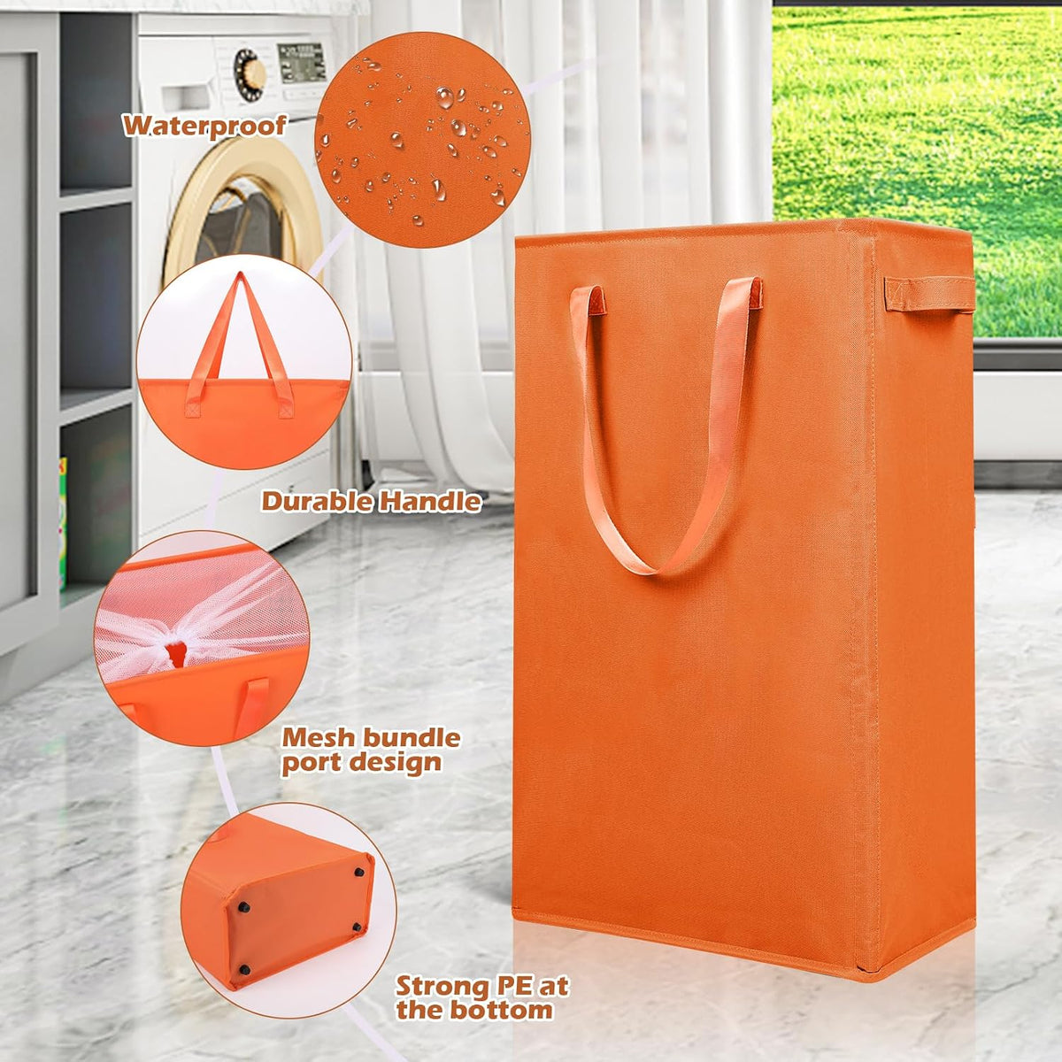 Slim Laundry Hamper Handles Collapsible Laundry Basket Thin Dirty Clothes Basket Narrow Laundry Bag Foldable Dirty Hamper 45L (Beige)