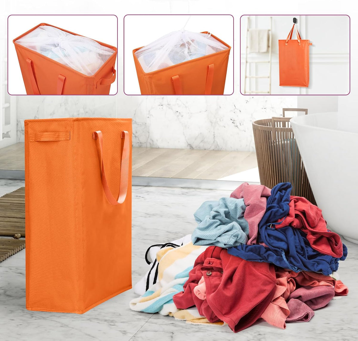 Slim Laundry Hamper Handles Collapsible Laundry Basket Thin Dirty Clothes Basket Narrow Laundry Bag Foldable Dirty Hamper 45L (Beige)