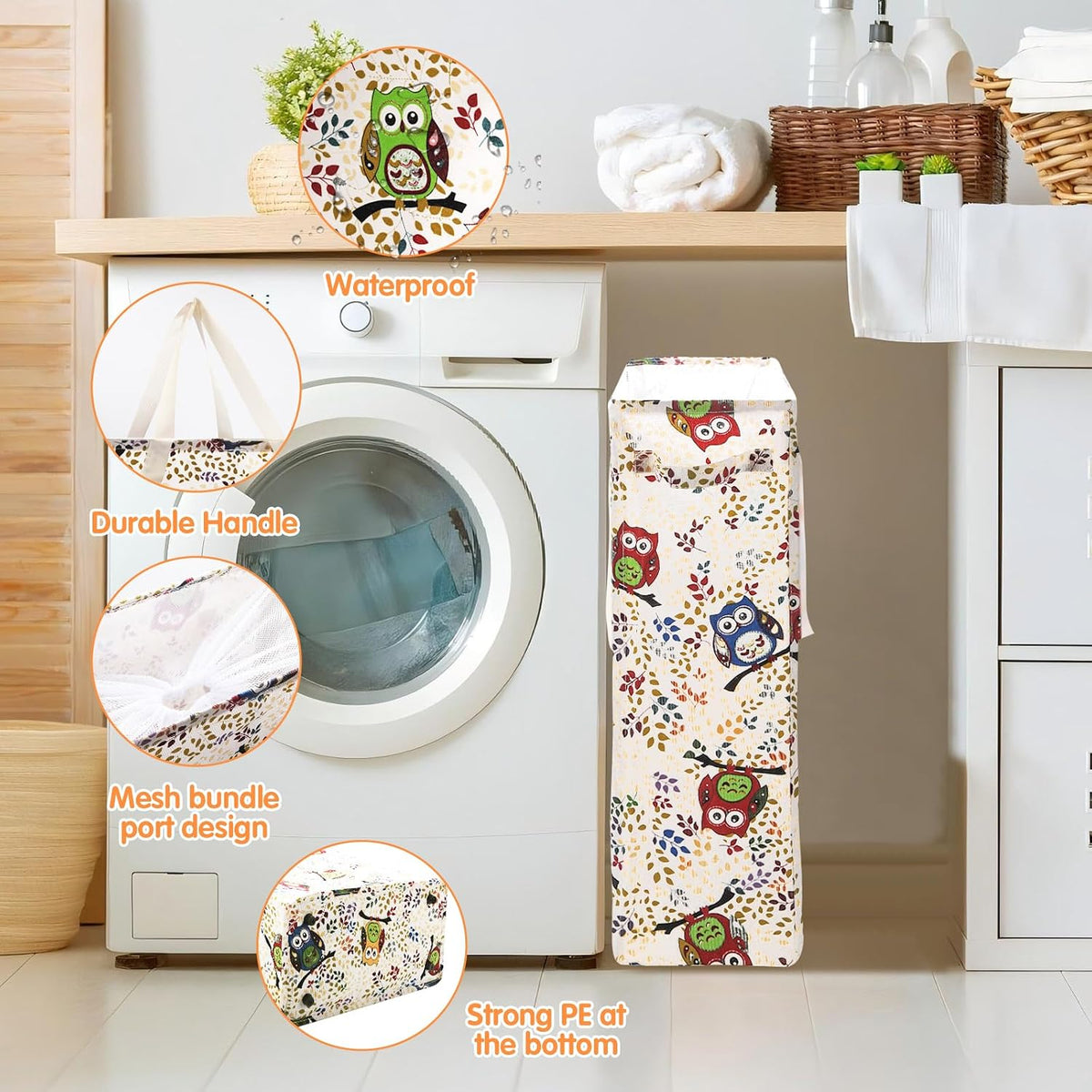 Slim Laundry Hamper Handles Collapsible Laundry Basket Thin Dirty Clothes Basket Narrow Laundry Bag Foldable Dirty Hamper 45L (Beige)