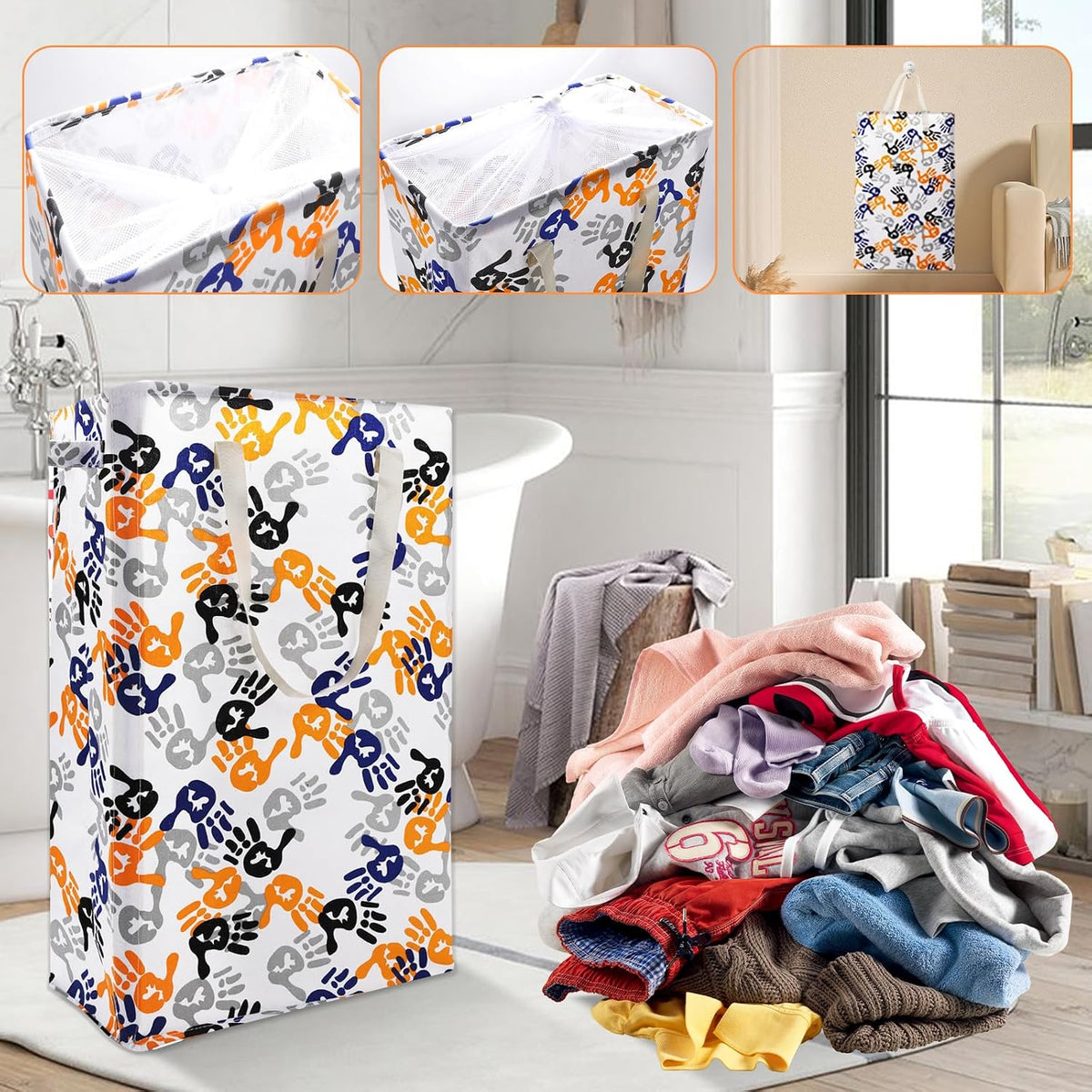 Slim Laundry Hamper Handles Collapsible Laundry Basket Thin Dirty Clothes Basket Narrow Laundry Bag Foldable Dirty Hamper 45L (Beige)