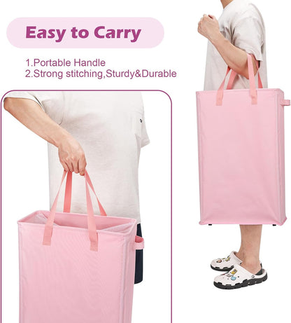 Slim Laundry Hamper Handles Collapsible Laundry Basket Thin Dirty Clothes Basket Narrow Laundry Bag Foldable Dirty Hamper 45L (Beige)