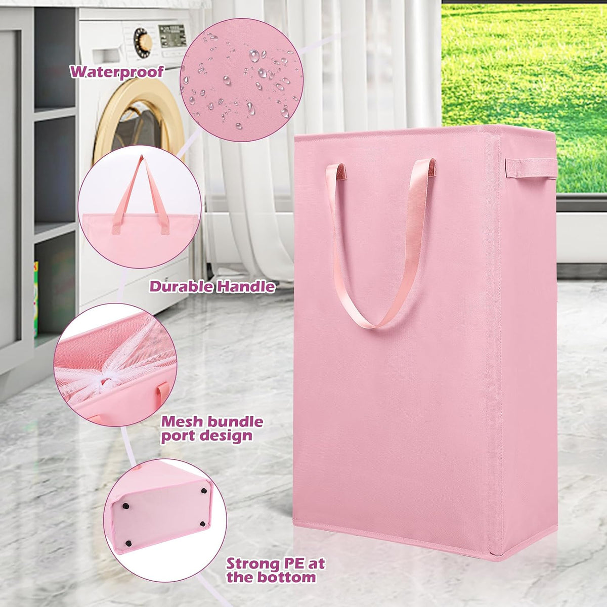 Slim Laundry Hamper Handles Collapsible Laundry Basket Thin Dirty Clothes Basket Narrow Laundry Bag Foldable Dirty Hamper 45L (Beige)