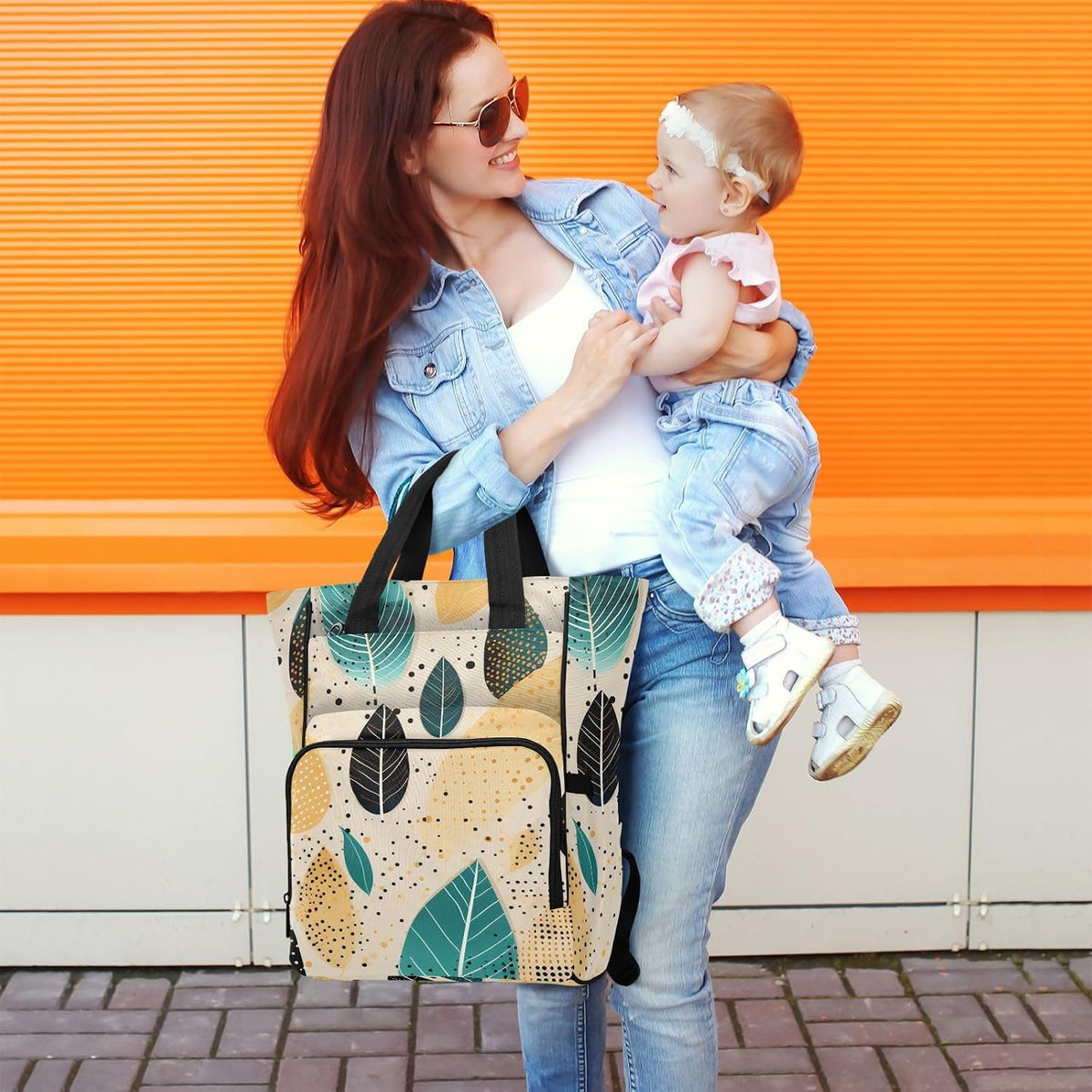 Diaper Bag Backpack, Multifunction Travel Bag for Moms Dads, Baby Changing Bag with Insulted Pockets, Stroller Straps and Side Bottle Pockets Modern Leaf Pattern