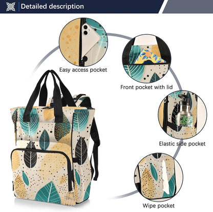Diaper Bag Backpack, Multifunction Travel Bag for Moms Dads, Baby Changing Bag with Insulted Pockets, Stroller Straps and Side Bottle Pockets Modern Leaf Pattern