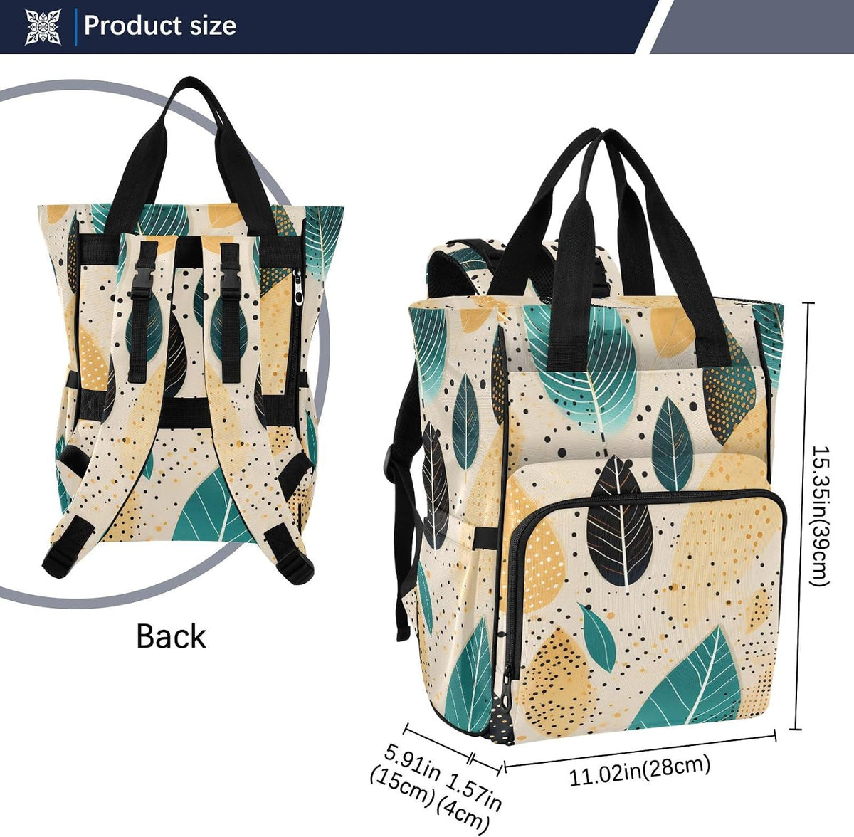 Diaper Bag Backpack, Multifunction Travel Bag for Moms Dads, Baby Changing Bag with Insulted Pockets, Stroller Straps and Side Bottle Pockets Modern Leaf Pattern