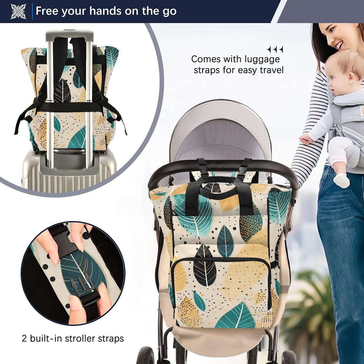 Diaper Bag Backpack, Multifunction Travel Bag for Moms Dads, Baby Changing Bag with Insulted Pockets, Stroller Straps and Side Bottle Pockets Modern Leaf Pattern