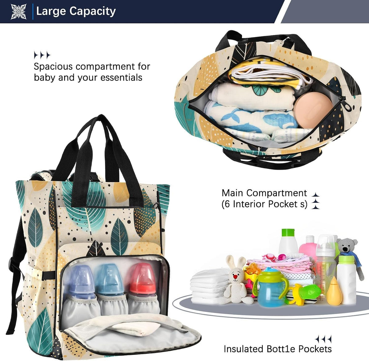 Diaper Bag Backpack, Multifunction Travel Bag for Moms Dads, Baby Changing Bag with Insulted Pockets, Stroller Straps and Side Bottle Pockets Modern Leaf Pattern