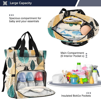 Diaper Bag Backpack, Multifunction Travel Bag for Moms Dads, Baby Changing Bag with Insulted Pockets, Stroller Straps and Side Bottle Pockets Modern Leaf Pattern