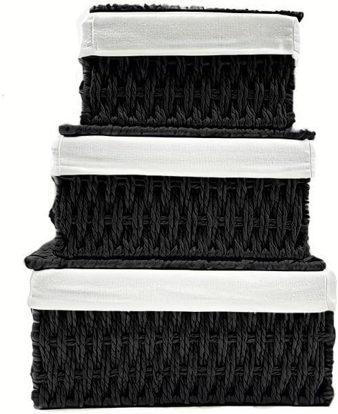 Woven Basket with Lid, Set of 3 Nesting Baskets - Khaki