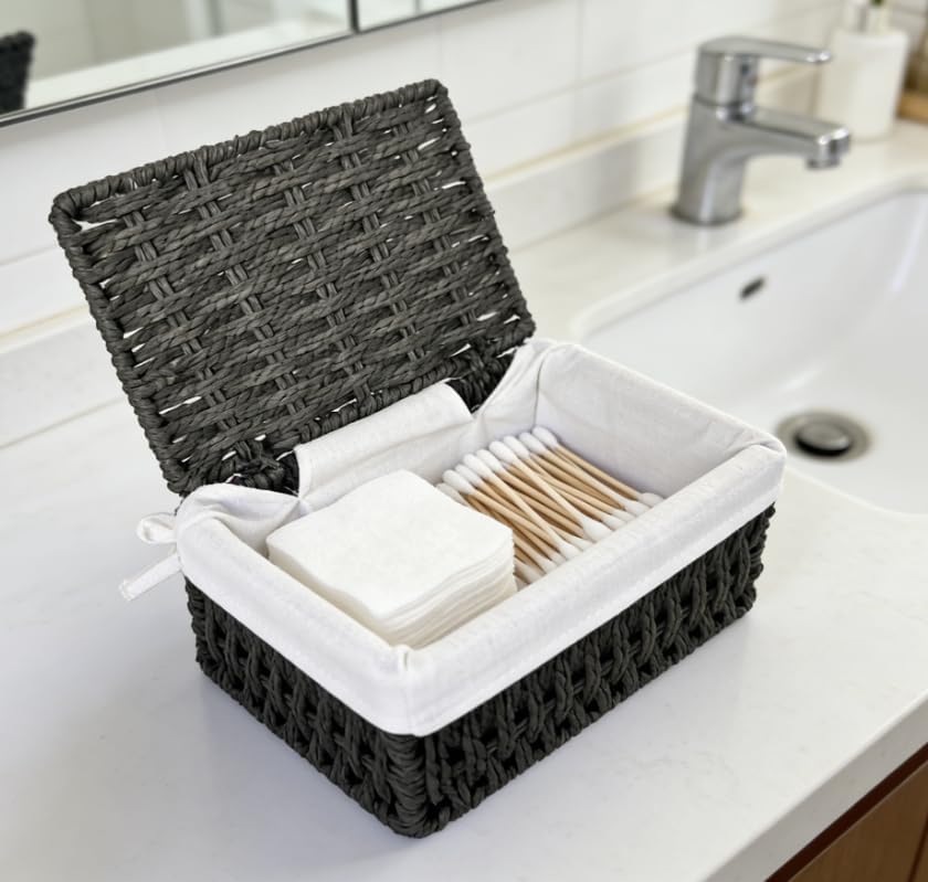 Woven Basket with Lid, Set of 3 Nesting Baskets - Khaki