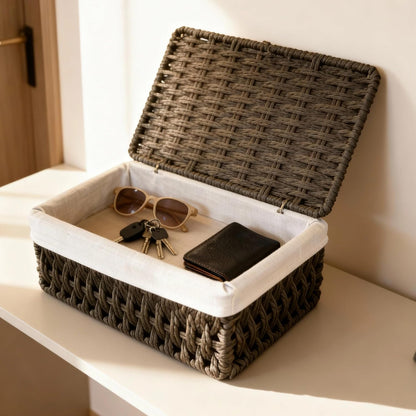 Woven Basket with Lid, Set of 3 Nesting Baskets - Khaki