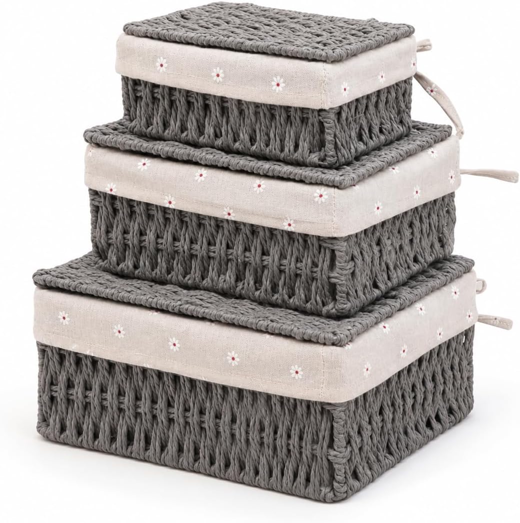 Woven Basket with Lid, Set of 3 Nesting Baskets - Khaki