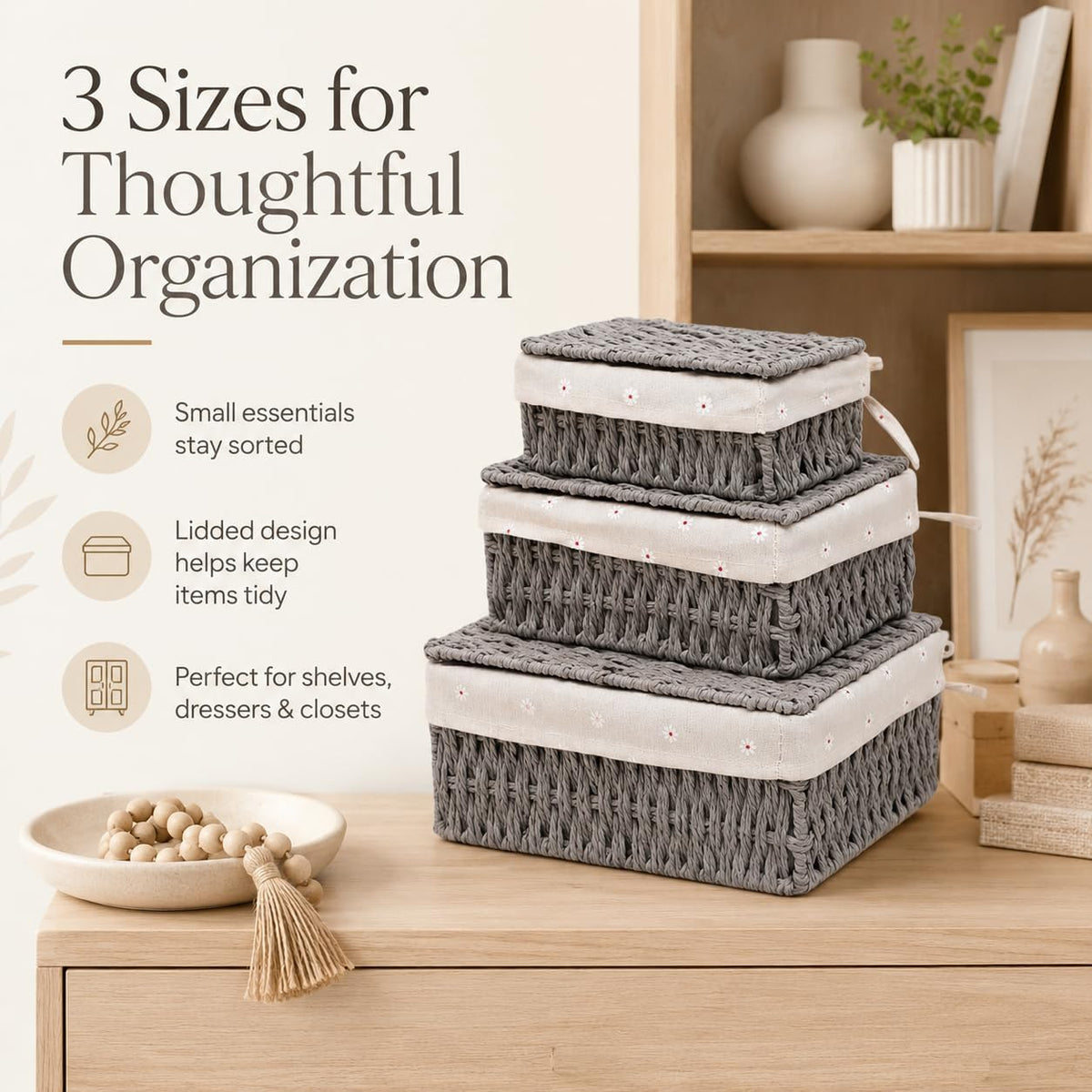 Woven Basket with Lid, Set of 3 Nesting Baskets - Khaki