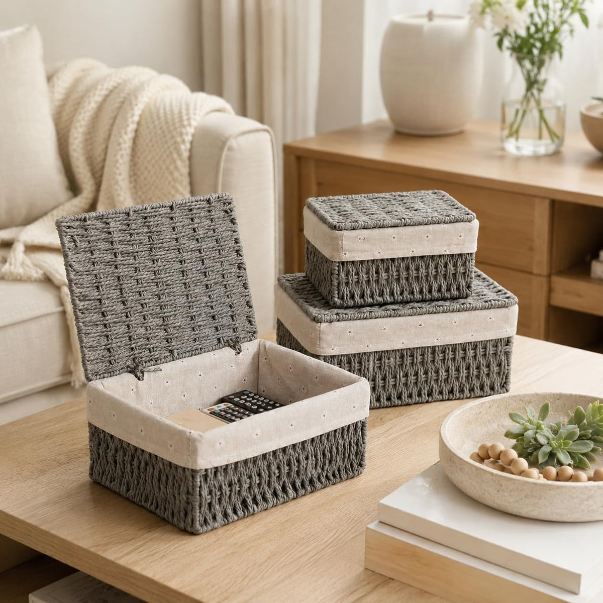 Woven Basket with Lid, Set of 3 Nesting Baskets - Khaki