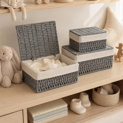 Woven Basket with Lid, Set of 3 Nesting Baskets - Khaki