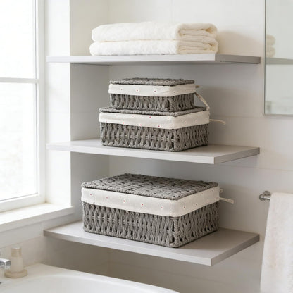 Woven Basket with Lid, Set of 3 Nesting Baskets - Khaki