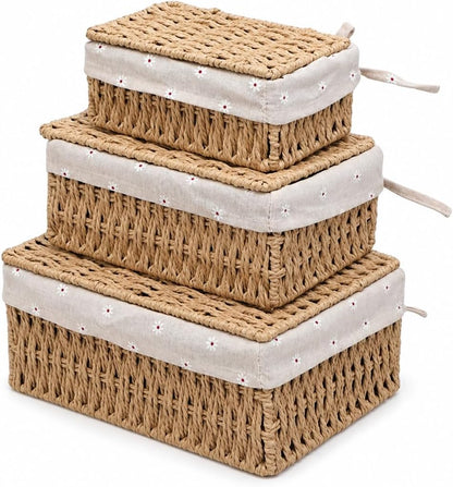 Woven Basket with Lid, Set of 3 Nesting Baskets - Khaki