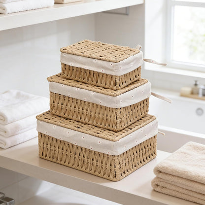 Woven Basket with Lid, Set of 3 Nesting Baskets - Khaki