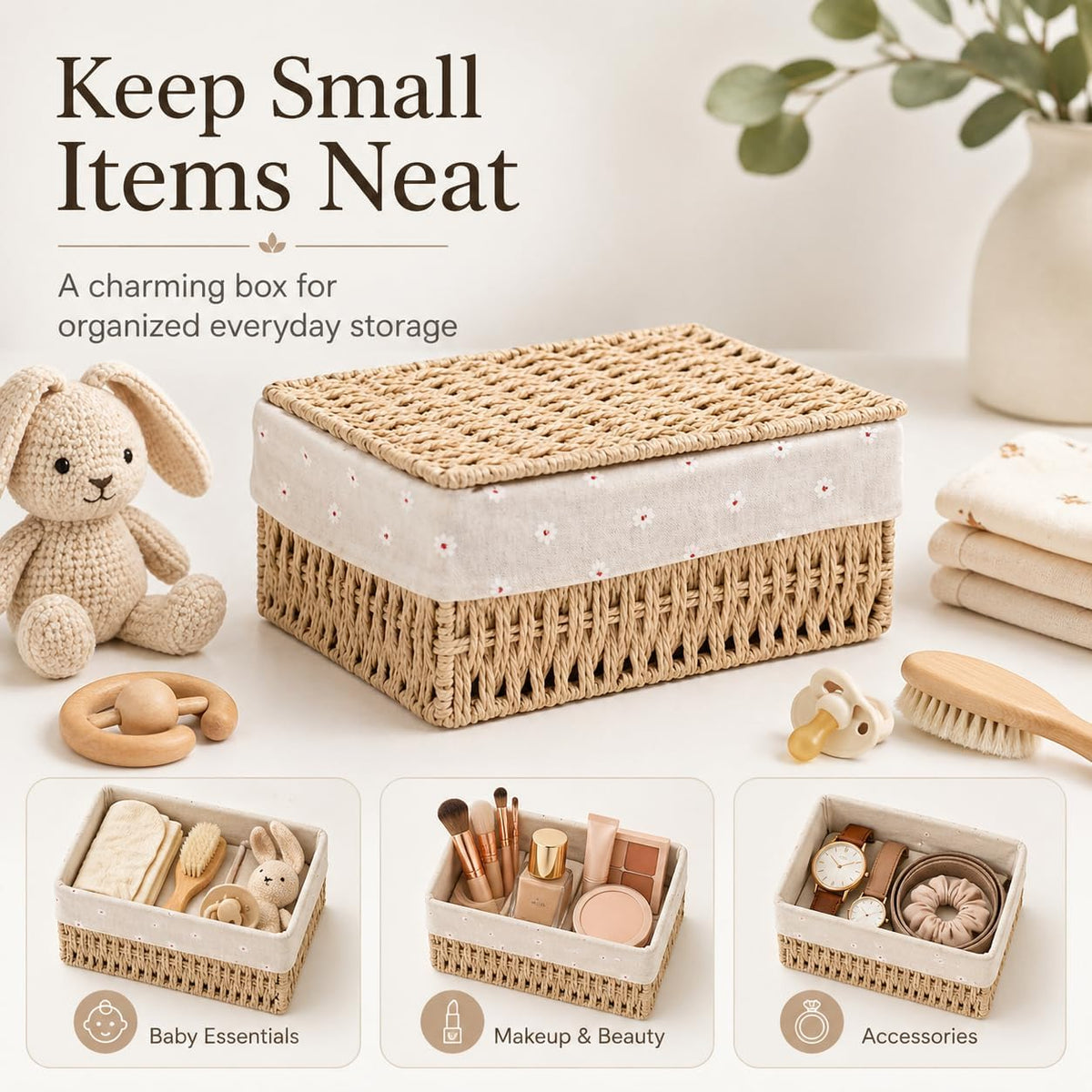 Woven Basket with Lid, Set of 3 Nesting Baskets - Khaki