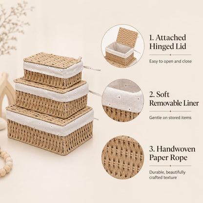Woven Basket with Lid, Set of 3 Nesting Baskets - Khaki
