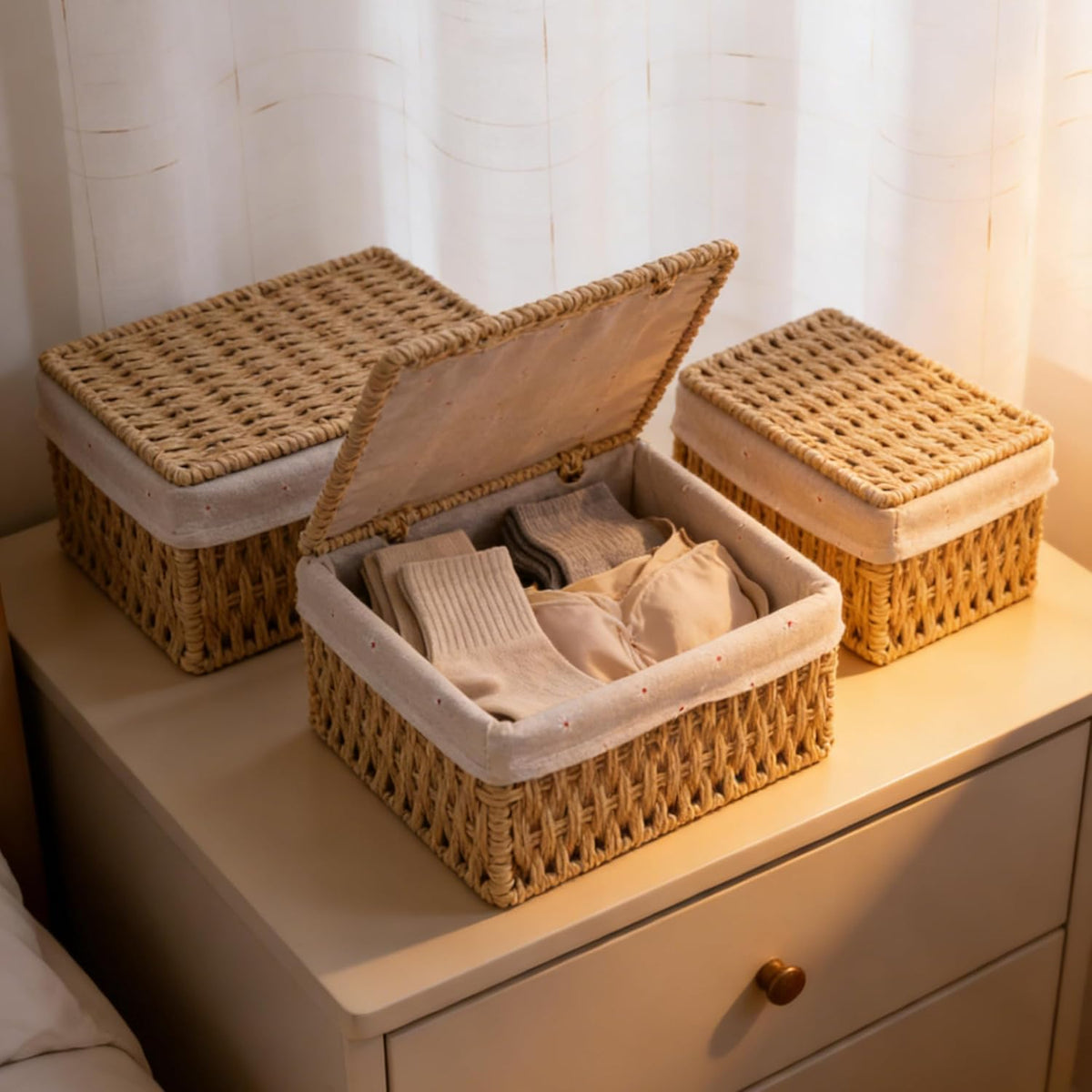Woven Basket with Lid, Set of 3 Nesting Baskets - Khaki