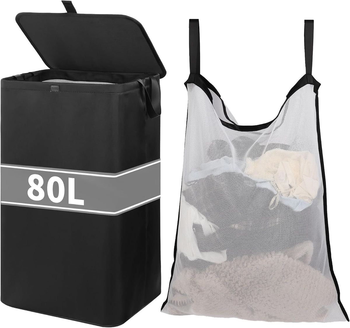 80L Large Laundry Hamper with Lid, Foldable Laundry Bag for Washing Machine with Removable Inner Bag, Dirty Hampers for Bedroom, Bathroom,Laundry Room, College (White)
