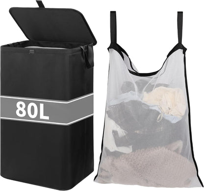 80L Large Laundry Hamper with Lid, Foldable Laundry Bag for Washing Machine with Removable Inner Bag, Dirty Hampers for Bedroom, Bathroom,Laundry Room, College (White)