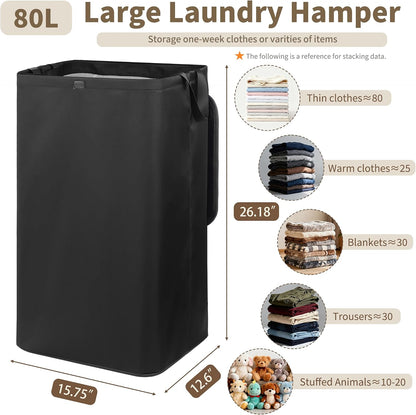 80L Large Laundry Hamper with Lid, Foldable Laundry Bag for Washing Machine with Removable Inner Bag, Dirty Hampers for Bedroom, Bathroom,Laundry Room, College (White)