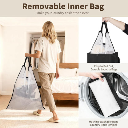 80L Large Laundry Hamper with Lid, Foldable Laundry Bag for Washing Machine with Removable Inner Bag, Dirty Hampers for Bedroom, Bathroom,Laundry Room, College (White)