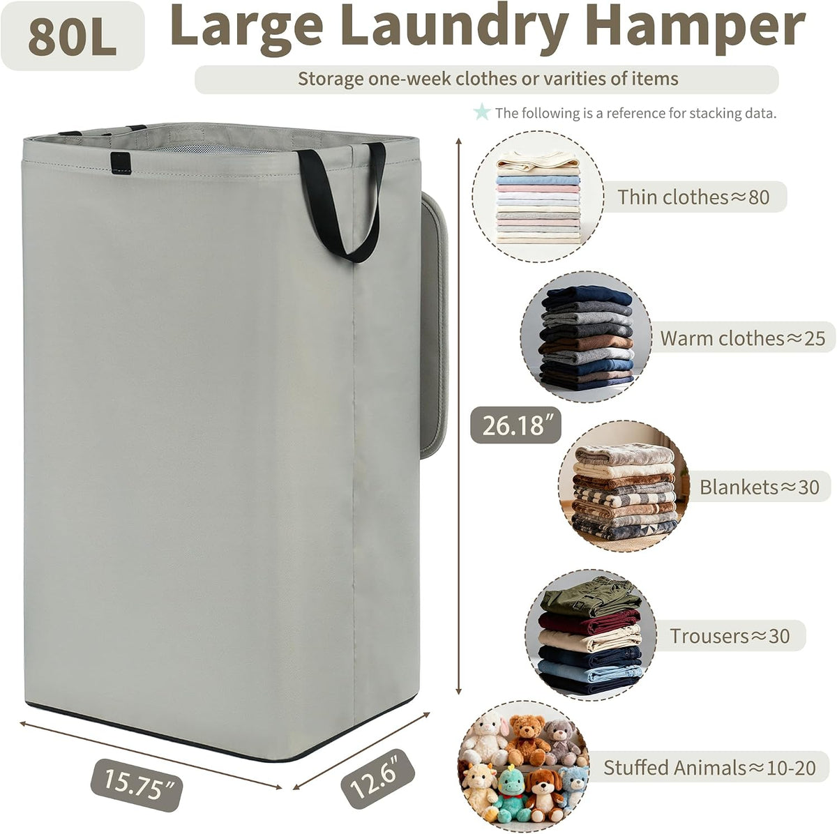 80L Large Laundry Hamper with Lid, Foldable Laundry Bag for Washing Machine with Removable Inner Bag, Dirty Hampers for Bedroom, Bathroom,Laundry Room, College (White)