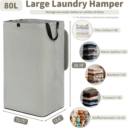 80L Large Laundry Hamper with Lid, Foldable Laundry Bag for Washing Machine with Removable Inner Bag, Dirty Hampers for Bedroom, Bathroom,Laundry Room, College (White)