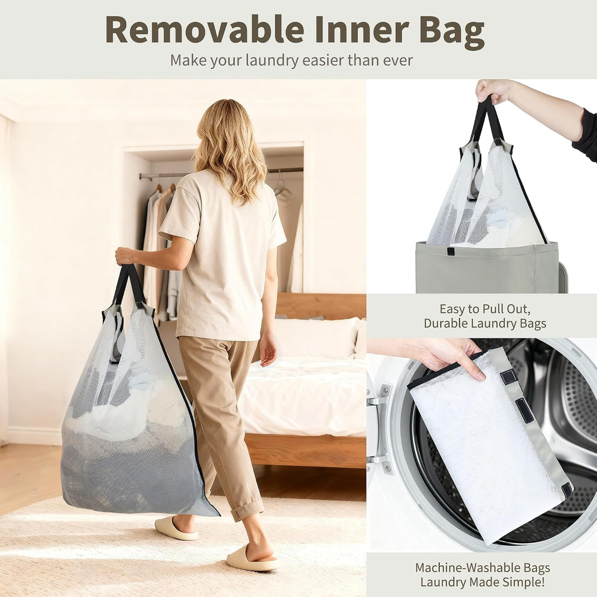 80L Large Laundry Hamper with Lid, Foldable Laundry Bag for Washing Machine with Removable Inner Bag, Dirty Hampers for Bedroom, Bathroom,Laundry Room, College (White)