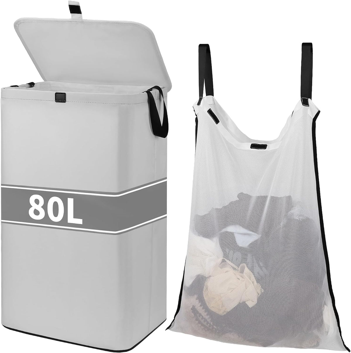 80L Large Laundry Hamper with Lid, Foldable Laundry Bag for Washing Machine with Removable Inner Bag, Dirty Hampers for Bedroom, Bathroom,Laundry Room, College (White)
