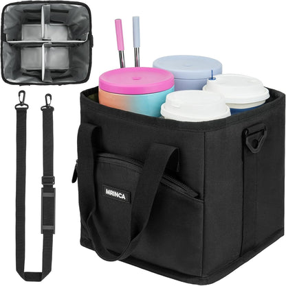 Reusable Insulated 4-Cup Drink Carrier with Handle, Blue | Collapsible beverage bag, no-spill base, adjustable dividers & shoulder strap, portable caddy for delivery, car and travel