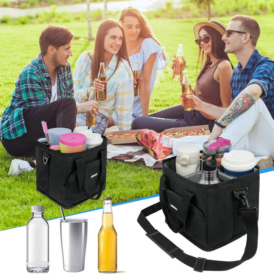 Reusable Insulated 4-Cup Drink Carrier with Handle, Blue | Collapsible beverage bag, no-spill base, adjustable dividers & shoulder strap, portable caddy for delivery, car and travel