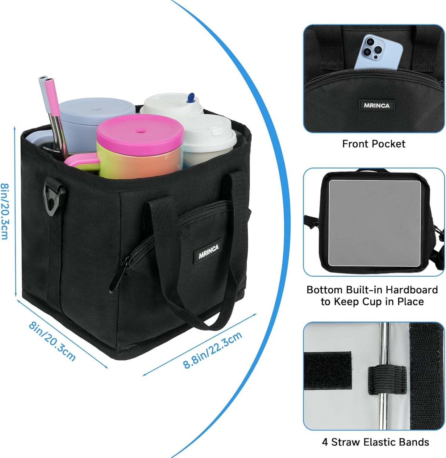 Reusable Insulated 4-Cup Drink Carrier with Handle, Blue | Collapsible beverage bag, no-spill base, adjustable dividers & shoulder strap, portable caddy for delivery, car and travel
