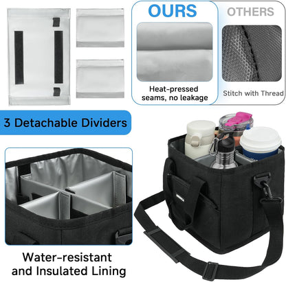 Reusable Insulated 4-Cup Drink Carrier with Handle, Blue | Collapsible beverage bag, no-spill base, adjustable dividers & shoulder strap, portable caddy for delivery, car and travel