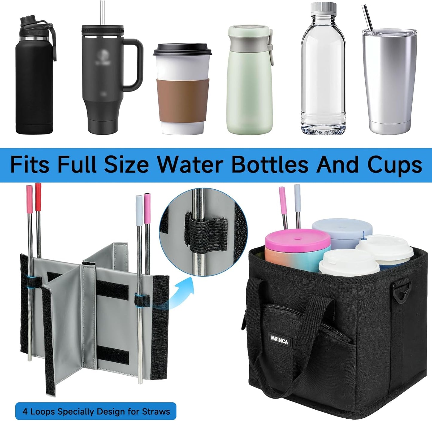 Reusable Insulated 4-Cup Drink Carrier with Handle, Blue | Collapsible beverage bag, no-spill base, adjustable dividers & shoulder strap, portable caddy for delivery, car and travel