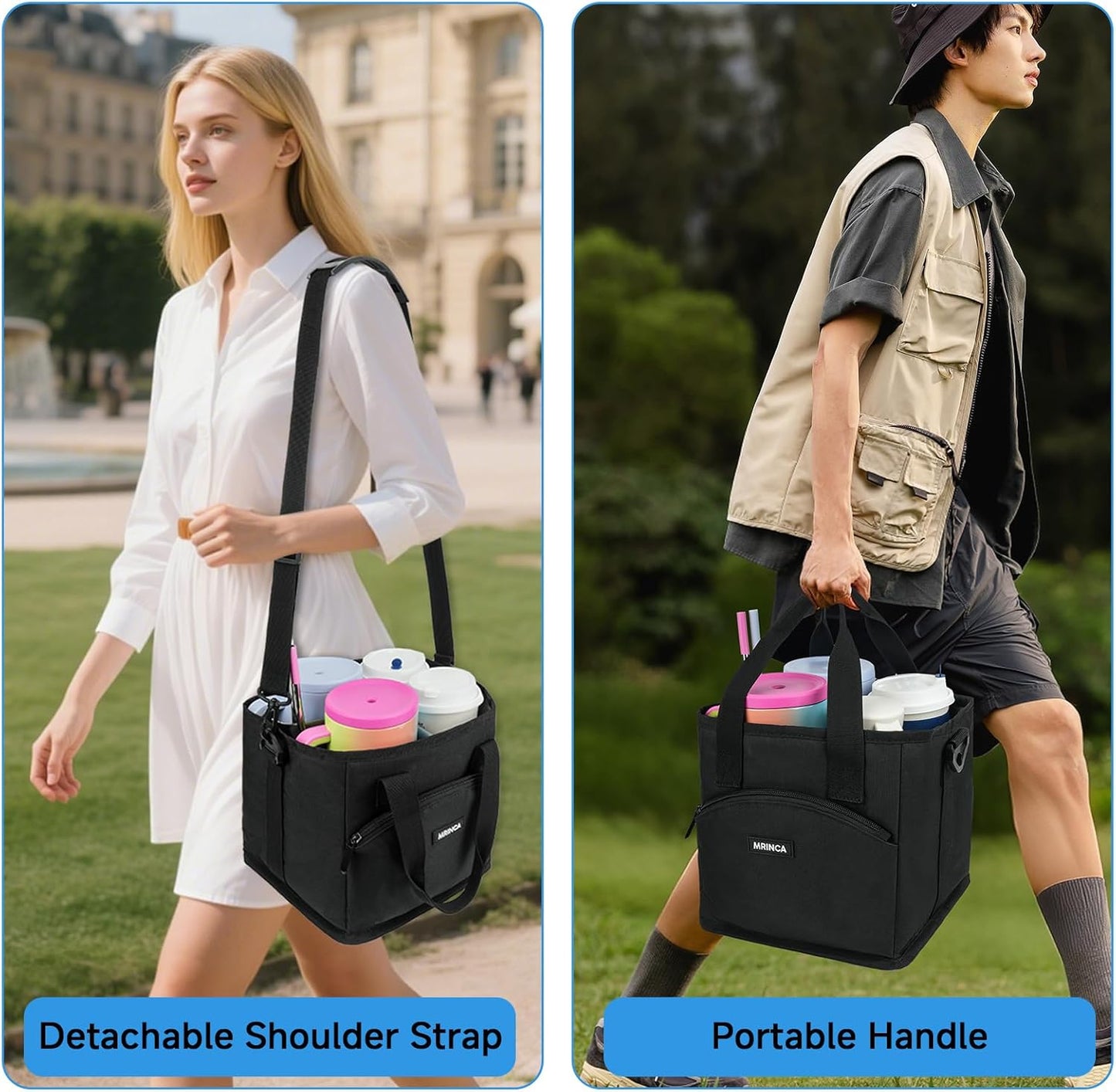 Reusable Insulated 4-Cup Drink Carrier with Handle, Blue | Collapsible beverage bag, no-spill base, adjustable dividers & shoulder strap, portable caddy for delivery, car and travel